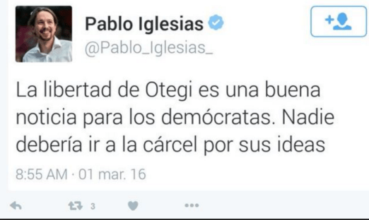 Twitter Pablo Iglesias celebrando libertad Otegi